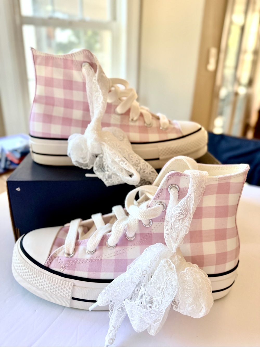 Converse Pink Gingham Platform Chuck Taylor Sneakers with Mint Sole - Picture 4 of 14